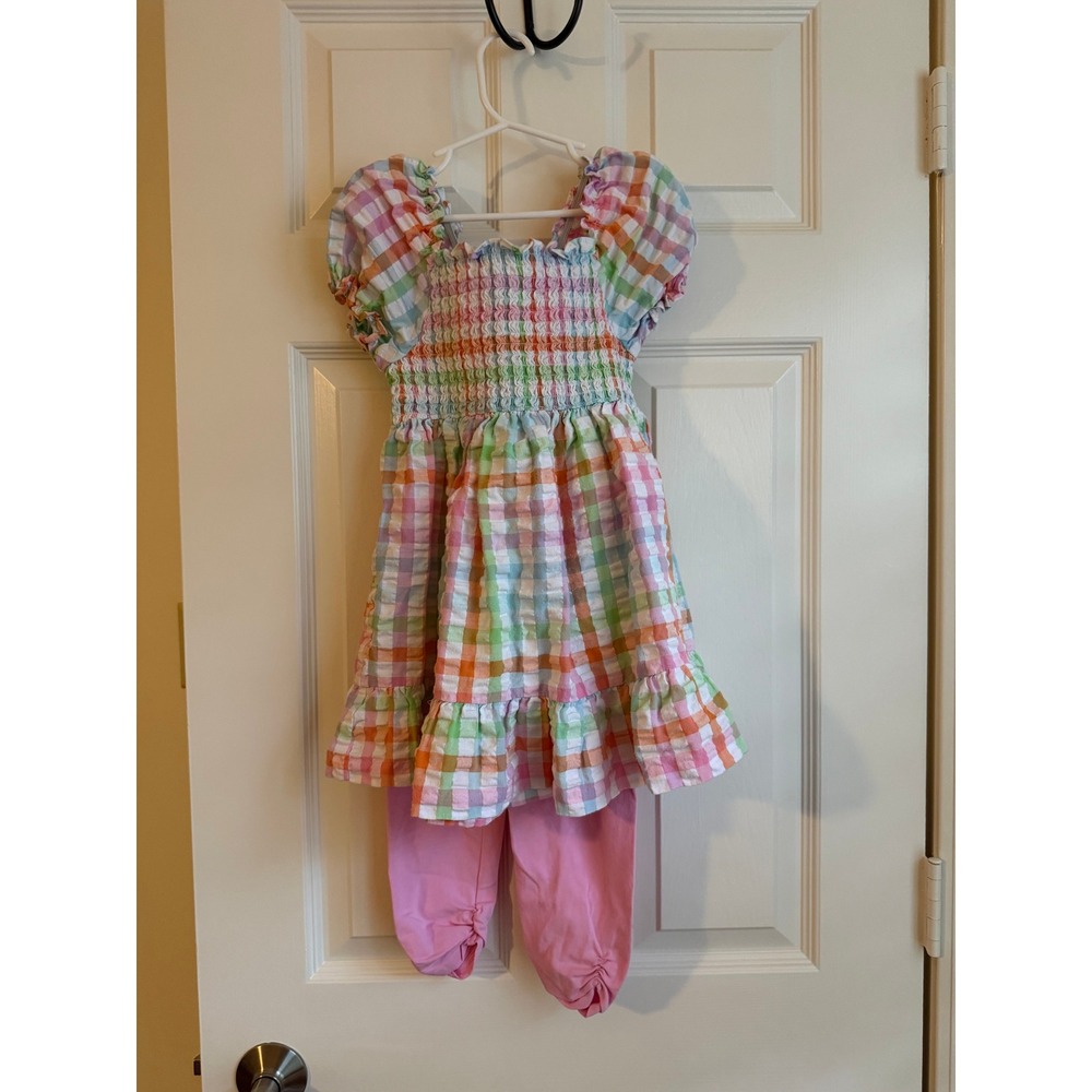 Bonnie Jean Pastel Rainbow Gingham Smocked Tunic and Pink Leggings Set Size 6